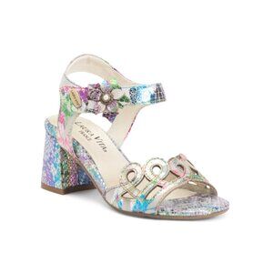 LAURA VITA Blue Leather Jachino Floral Heeled Sandals